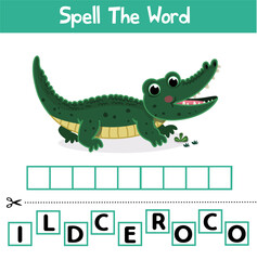 Spelling word scramble game template. Educational activity for kids. Vector stock illustration.
