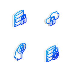 Set Isometric line Cloud computing lock, Server security with, Human head and icon. Vector
