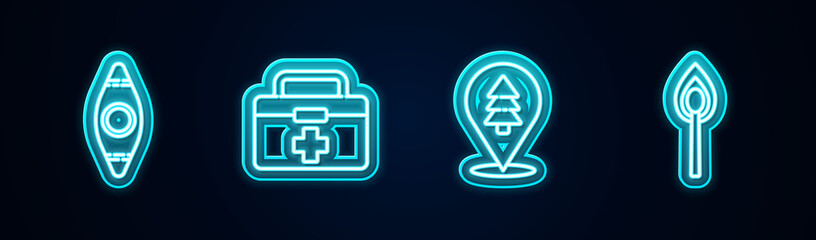 Set line Kayak or canoe, First aid kit, Location of the forest and Burning match with fire. Glowing neon icon. Vector