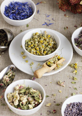 Assortment of dry herbs: chamomile, apple tree flowers, cornflower, lavender, thyme on rustic linen texture, closeup, natural medicine, naturopathy, homeopathy, making tea blends concept