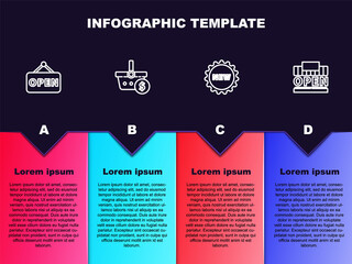 Set line Hanging sign with Open, Shopping basket and dollar, Price tag text New and building open. Business infographic template. Vector
