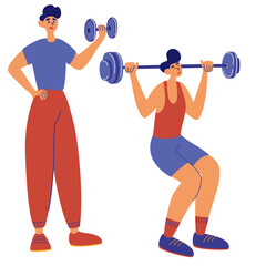 Men play sports. Barbell Squats. Exercises with dumbbells. Weight loss health gymnastics. Set for idea advertise Health. Vector illustration sport healthy leisure man.