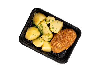 Lunch box with tasty boiled potato and cutlet. Food delivery. Top view. Isolated. Plastic container take away with tasty boiled potato and cutlet 