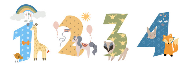 Cute kids anniversary numbers with animals. Happy birthday greeting cards. Vector hand drawn templates for children's birthday party with cute giraffe, fox, unicorn, badger. 