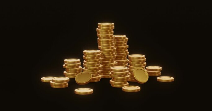 Gold finance coin or money currency cash on black background with pile of treasure coins. 3D rendering.