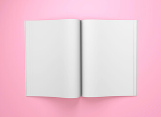 Open magazine mockup. Blank magazine template for copy space. Empty space in magazine. Pink background. 3d render