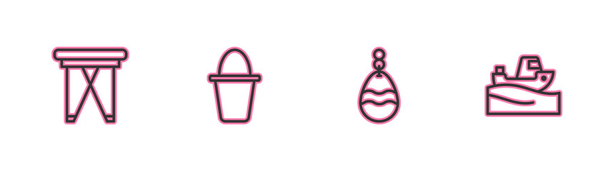 Set line Folding chair, Fishing spoon, bucket and boat water icon. Vector
