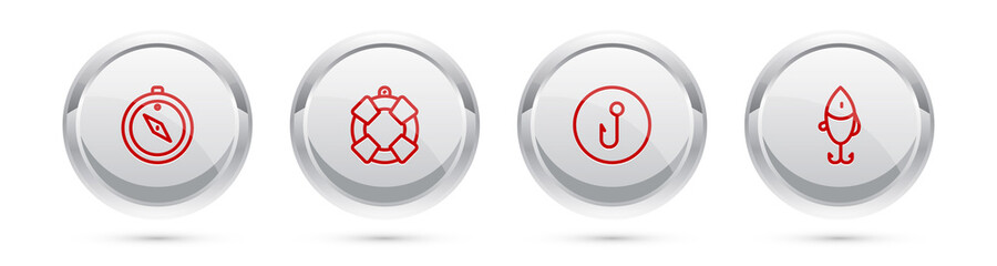 Set line Compass, Lifebuoy, Fishing hook and lure. Silver circle button. Vector