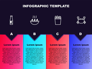 Set line Sauce bottle, Soup with shrimps, Fishing bucket fishes and Crab. Business infographic template. Vector