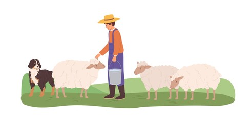 Farmer grazing domestic sheep with shepherd dog. Sheepman feeding ewes. Animal husbandry and stock raising. Colored flat vector illustration of herdsman isolated on white background
