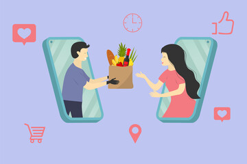 People from the phone. Delivery of goods from the online store. Concept for safe home delivery of products and food from restaurants and shops. Delivery online, internet shop, service technology, sale