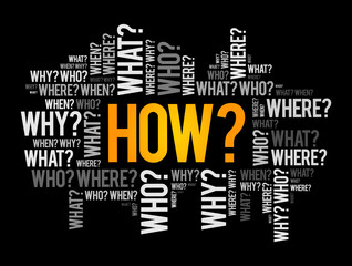 HOW? Question word and questions whose answers are considered basic in information gathering or problem solving, word cloud background