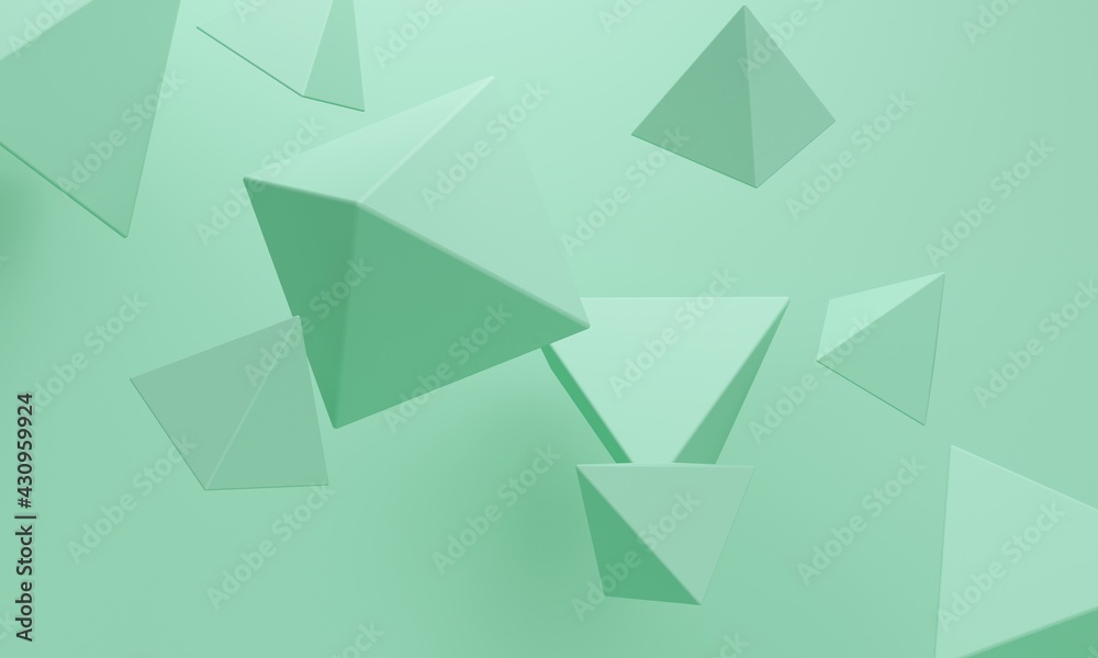 Poster mint abstract background with flying pyramids. 3d rendering