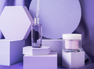 Hyaluronic acid bottle on purple background displayed on geometric shape podiums on silk background - 430960188
