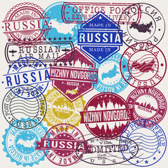 Nizhny Novgorod Russia Set of Stamps. Travel Stamp. Made In Product. Design Seals Old Style Insignia.
