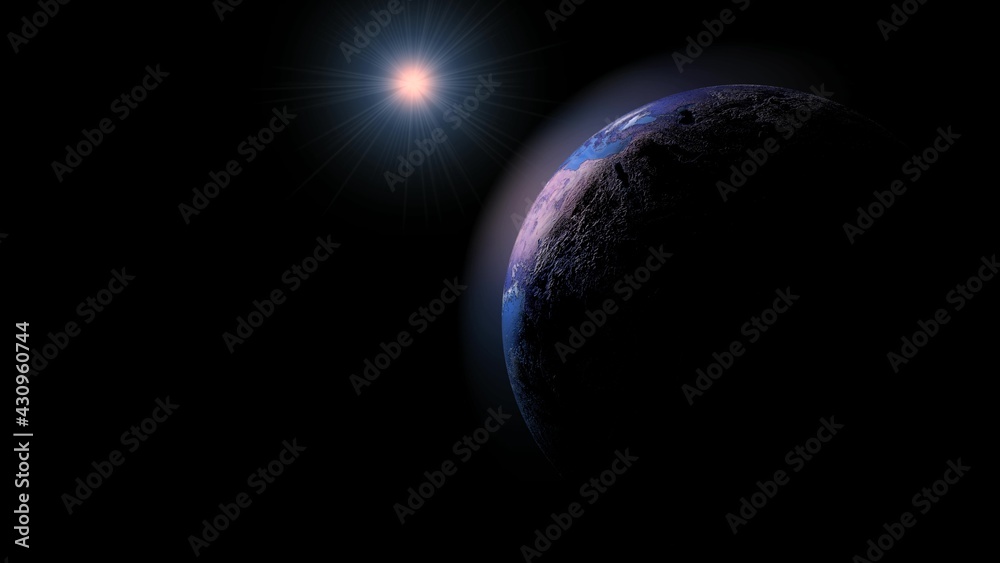 Wall mural blue earth revolves around its axis on a black background in 3d. view our planet from outside.