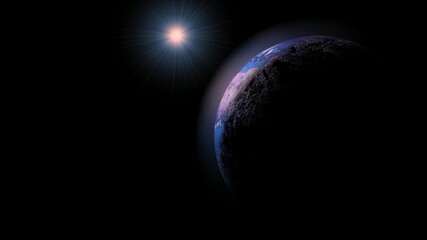 Blue Earth revolves around its axis on a black background in 3d. View our planet from outside.