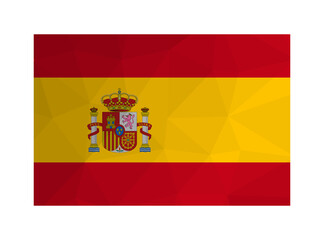 Vector isolated illustration. National Spanish flag with red, yellow stripes and coat of arms. Official symbol of Spain. Creative design in low poly style with triangular shapes. Gradient effect.