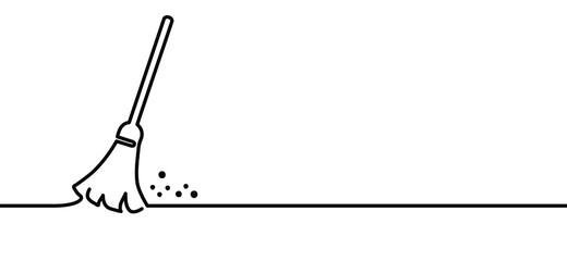 Mop or broom with broomstick logo. Drawing, line patern. Flat wooden vector sign. Cleaning or sweeping broom icon