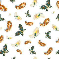 Seamless pattern with multicolored butterflies on a white background. 