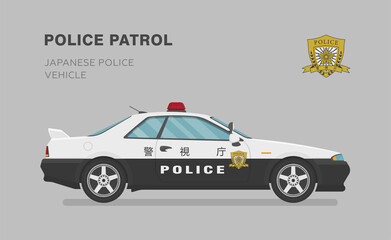 Obraz premium Japanese police sport car. Side view. Cartoon flat illustration. Auto for graphic and web
