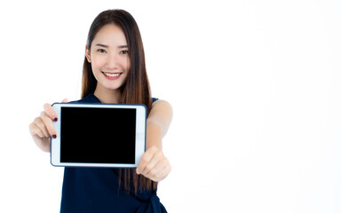 Young Asian woman showing tablet to camera