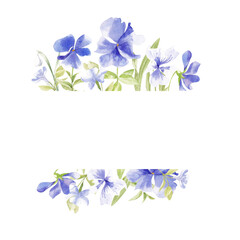 Obraz na płótnie Canvas floral watercolor frames of blue and purple flowers. Hand drawn violets, forest flowers and herbs on a white background. Suitable for invitations, posters, social media posts