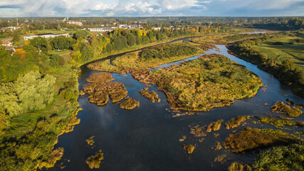 Aerial view of Kuldiga town in sunny autumn morning, Latvia.