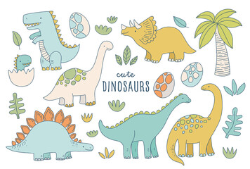 Dinosaurs vector set in cartoon scandinavian style. Colorful cute kids illustration. Posters, invitations, nursery decor, children apparel.