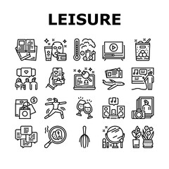 Womens Leisure Time Collection Icons Set Vector. Karaoke And Yoga, Massage And Spa, Reading Books And Listening Music, Shopping And Journey Leisure Black Contour Illustrations