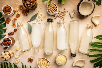 Vegan non dairy plant based milk in bottles and ingredients on light background. Lactose free milk...