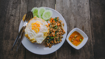Rice with Basil, Minced Pork and Fried Egg.