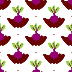 Beetroot vegetable with green leaves growing in ground, soil. Beet growing process vector seamless pattern background.