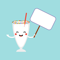 Cute and happy cartoon style vanilla milkshake glass character holding blank sign, card in hand.