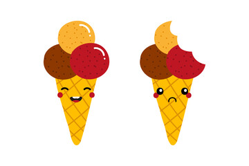 Couple of cartoon style ice cream cone characters cute and smiling and sad with bite mark.
