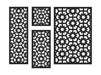 Islamic arabic laser cut pattern. Decorative panel, screen,wall. Vector cnc panels set for laser cutting. Template for interior partition, room divider, privacy fence