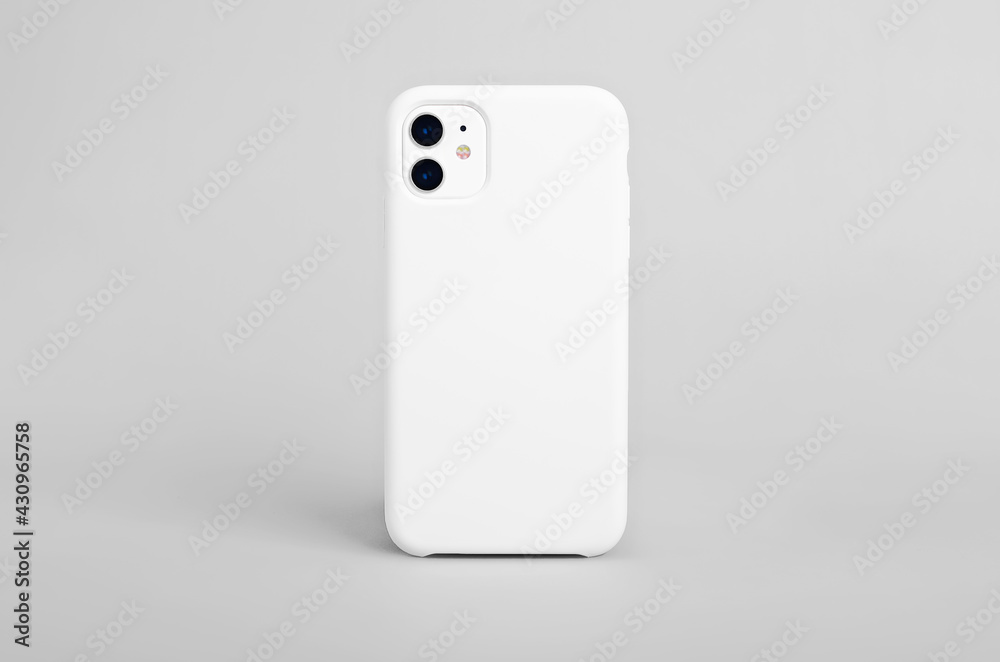 Poster white iphone 11 isolated on gray background, phone case mock up, smart phone back view