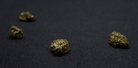 Buds of medical marijuana. Closeup on medical hemp on dark background. CBD, medical hemp, weed, sativa.