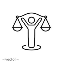 ethic balance icon, man with scale, principle justice or moral, code honesty, thin line symbol on a white background - editable stroke vector illustration eps10