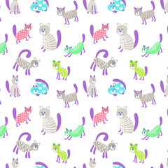 Funny cartoon cat and lettering and abstract elements pattern on white background. Vector illustration pattern of pretty kitty 
