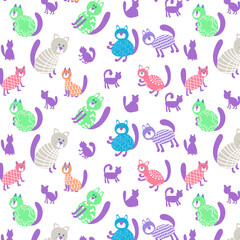 Funny cartoon cat and lettering and abstract elements pattern on white background. Vector illustration pattern of pretty kitty 
