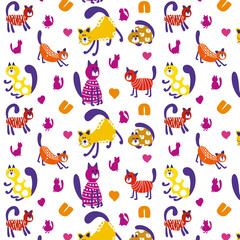 Funny cartoon cat and lettering and abstract elements pattern on white background. Vector illustration pattern of pretty kitty 

