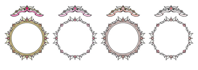 ファンシーでアンティークな丸フレームセット ベクター ピンク