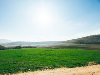 Green spring meadow in a mountainous area in sunny weather.