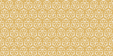 Abstract background pattern with white ornament on gold background, wallpaper. Seamless pattern, texture. Vector image