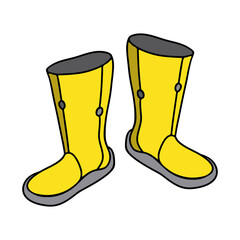 Vector Rubber Boots on isolated background. Doodle Cartoon style Yellow rubber boots with grey soles. Boots for gardening and rainy weather