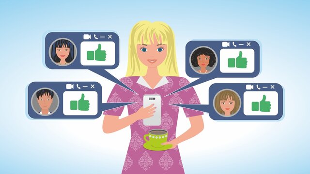 Girl with mobile telephone getting likes from her friends during coffee break. Vector illustration. EPS10.