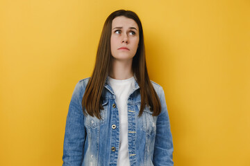 Pensive young millennial woman concentrated above with wonder, dressed in stylish denim jacket, notices something strange, isolated over yellow studio background. People emotion lifestyle concept