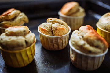 A vintage styled low-key photo of peanut butter chocolate muffins on the old used baking sheet. Soft, selective focus.