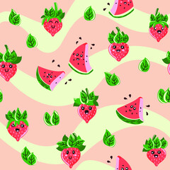 Cute, kawaii anthropomorphic cartoon watermelon and strawberries seamless pattern with a wavy background. Great for Spring or Summer fabric, scrap-booking, gift-wrap, wallpaper, product design. Vector
